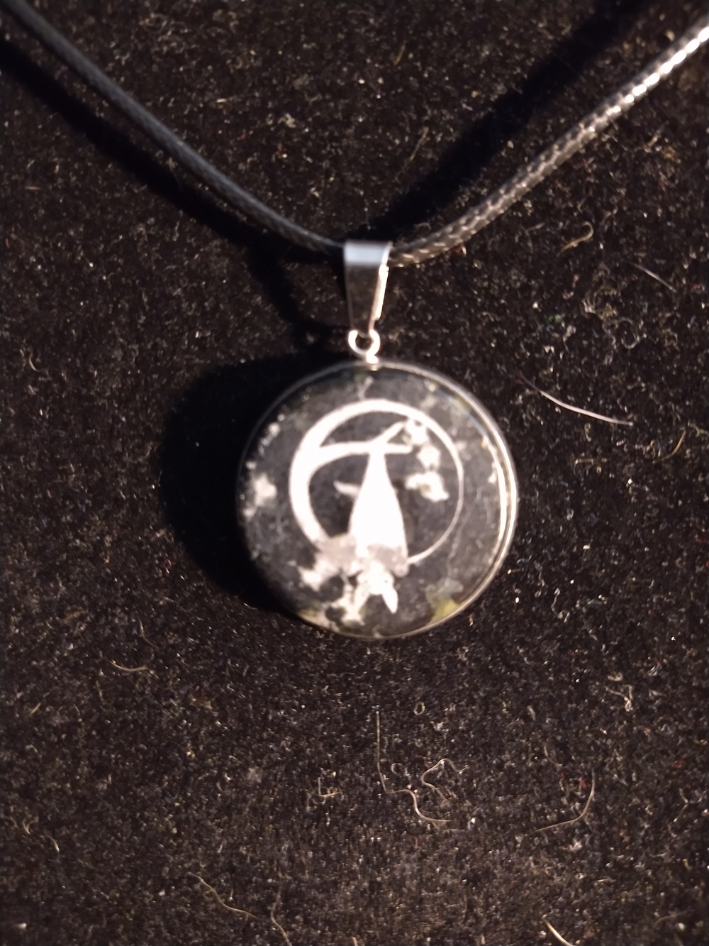 Black Marble Round Engraved Bat Pendant Necklace